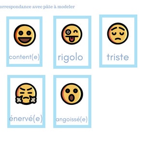 Puede incluir: Un juego de correspondencia de emociones con plastilina. Cinco cartas con diferentes expresiones faciales y sus palabras francesas correspondientes: content(e), rigolo, triste, énervé(e), angoissé(e).
