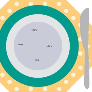 May include: A graphic illustration of a place setting with a plate, fork, knife, and spoon. The plate has a teal border and a grey centre with the word "velcro" in four places. The setting is on a yellow napkin with white polka dots.