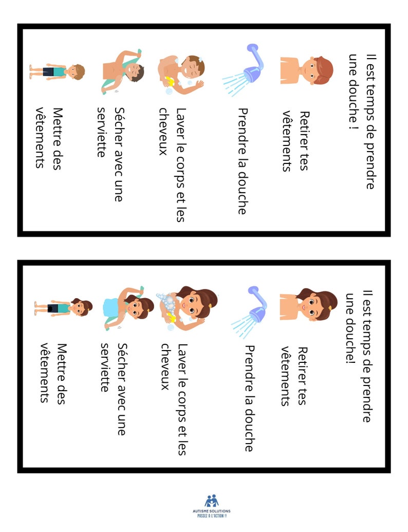 Puede incluir: Una gu&iacute;a visual con ilustraciones que muestran los pasos para ducharse. Los pasos incluyen: quitarse la ropa, ducharse, lavarse el cuerpo y el cabello, secarse con una toalla y ponerse la ropa.