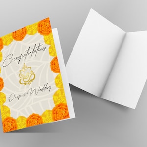 Félicitations pour votre mariage - Carte de bénédiction hindoue avec motifs Ganesh et souci - (anglais/tamoul)