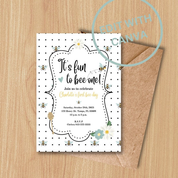Fun to BEE one Invite 5x7 Digital Download Customizable in Canva First Bday Invitation