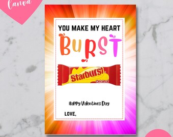Starburst Valentines Day Card, You make my heart burst, Custom Valentines Printable, Edit in Canva