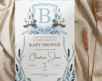 Baby Shower Mallard Duck Invite, Editable in Canva, Books for Baby, Customizable Baby Shower Invitation