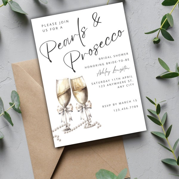 Pearls & Prosecco Bridal Shower Invite, Edit in Canva, Customize Bridal Shower Invite, Instant Download, Champagne, Pearls, Bride to Be