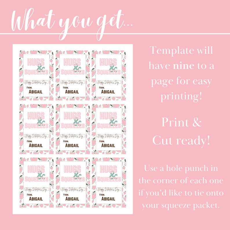 Hugs and Squeezes, Class Valentine Printable, Valentines Tag, Squeeze