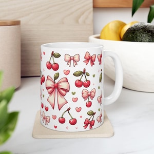 Cherry Bow Mug, Ceramic Mug, Whimsical Mug, Cute mug for the girls, Coquette Mug, Pink Mug, Tea Mug, Coffee Mug, Gift for coffee lovers