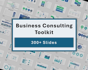 Könnte beinhalten: Eine blaue und weiße Grafik mit dem Text "Business Consulting Toolkit" und "300+ Slides". Die Grafik ist von einem Raster kleinerer Grafiken mit Zahlen und verschiedenen Formen umgeben.