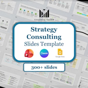 May include: A digital presentation template for strategy consulting, with a teal and white design. The text reads "Strategy Consulting Slides Template." Includes icons for PowerPoint, Canva, and Google Slides, with over 300 slides.