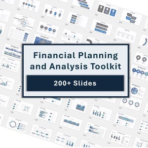 Könnte beinhalten: Eine Sammlung von Präsentationsfolien mit einem zentralen Banner mit der Aufschrift "Financial Planning and Analysis Toolkit" und "200+ Slides". Die Folien zeigen Diagramme und Grafiken in Blau- und Weißtönen, ideal für Finanzpräsentationen.