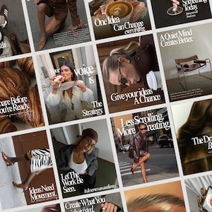 Könnte beinhalten: Eine Collage aus zwölf quadratischen Bildern mit Lifestyle-Fotografie, Mode, Essen und Inneneinrichtung, die jeweils mit weißen Serifentext-Zitaten wie One Idea Can Change Everything, Your Voice Is The Strategy und Let The Work Be Seen überlagert sind.