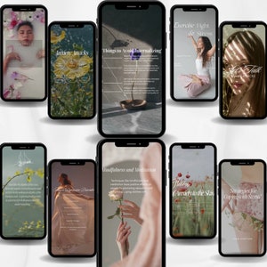May include: A collection of nine phone screens with tips and strategies for coping with anxiety and stress. The screens feature images of flowers, nature, and people practicing mindfulness and meditation.