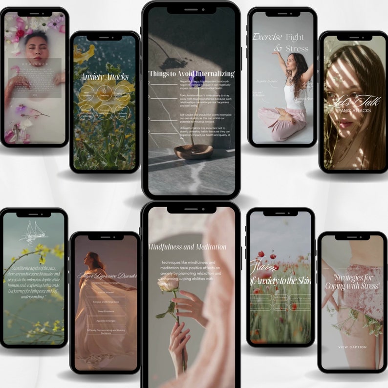 May include: A collection of nine phone screens with tips and strategies for coping with anxiety and stress. The screens feature images of flowers, nature, and people practicing mindfulness and meditation.
