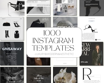 Puede incluir: Un collage de 10 plantillas de publicaciones de Instagram para una marca de moda de lujo. Las plantillas presentan una variedad de imágenes, que incluyen una silla, zapatos, un bolso, una flor y una mujer con una chaqueta negra. El texto en las plantillas incluye "1000 plantillas de Instagram", "Lujo & Moderno & Estético", "Venta final de temporada", "Hasta un 70% de descuento", "Sorteo", "Nueva llegada", "Mejor venta del año", "Venta de San Valentín" y "20% de descuento".