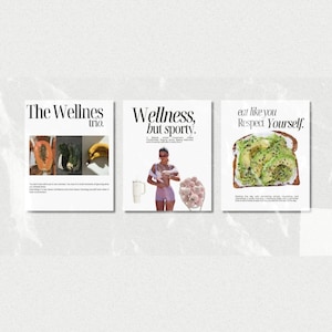 Puede incluir: Tres carteles con temas de bienestar. El primero dice "The Wellness trio." y muestra im&aacute;genes de papaya, verduras y un pl&aacute;tano. El segundo dice "Wellness, but sporty." y muestra a una mujer con una taza y objetos rosas. El tercero dice "eat like you Respect Yourself." y muestra tostadas de aguacate.