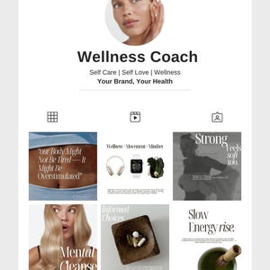Puede incluir: Perfil de redes sociales para un entrenador de bienestar. El perfil incluye una foto de perfil, el t&iacute;tulo "Wellness Coach" y el lema "Self Care | Self Love | Wellness Your Brand, Your Health". El perfil tambi&eacute;n presenta varias im&aacute;genes con texto como "Mental Cleanse" y "Slow Energy Rise".