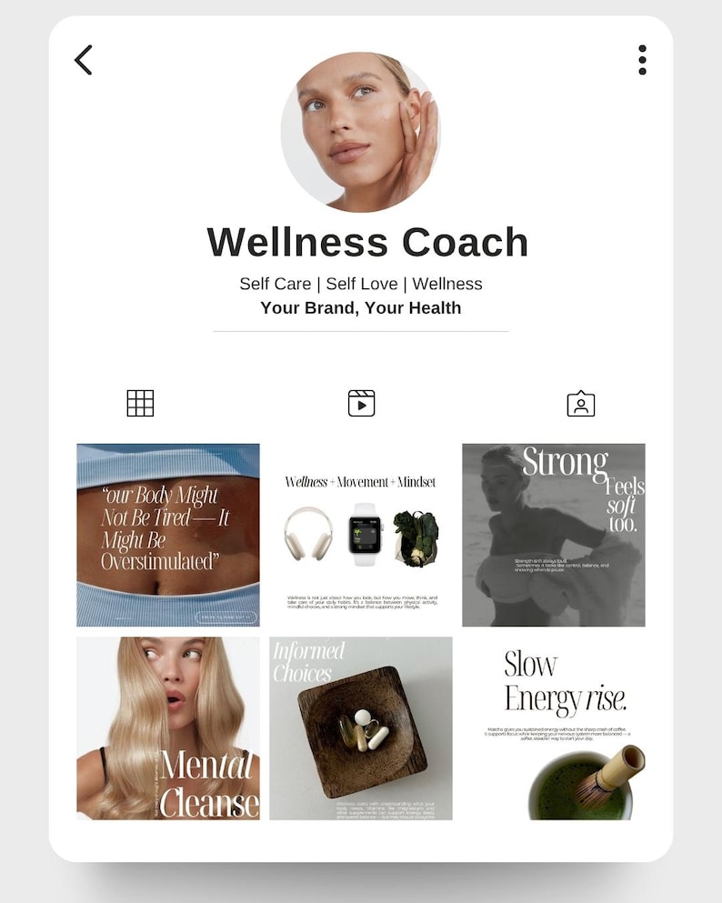 Puede incluir: Perfil de redes sociales para un entrenador de bienestar. El perfil incluye una foto de perfil, el t&iacute;tulo "Wellness Coach" y el lema "Self Care | Self Love | Wellness Your Brand, Your Health". El perfil tambi&eacute;n presenta varias im&aacute;genes con texto como "Mental Cleanse" y "Slow Energy Rise".