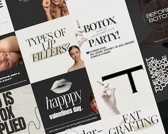 May include: A collage of images promoting cosmetic procedures, including Botox and lip fillers. The images feature models with different facial expressions and close-ups of lips and syringes. The text includes the words "Botox Party", "Types of Lip Fillers", "Happy Valentines Day", and "Fat Grafting".