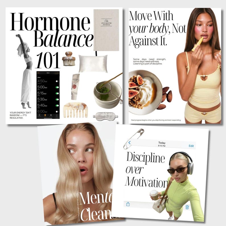 Puede incluir: Un collage de art&iacute;culos de bienestar, que incluye un diario, una almohada de seda, una m&aacute;scara para los ojos y un cuenco de matcha. El texto incluye "Hormone Balance 101" y "Move With your body, Not Against It."