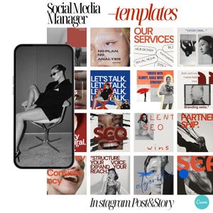 Puede incluir: Un collage de plantillas de redes sociales con una mujer de negro a la izquierda. Las plantillas incluyen texto como "SEO", "Our Services" e "Instagram Post & Story".