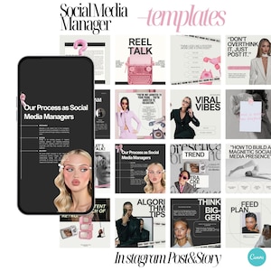 May include: A collection of social media templates for Instagram posts and stories. The design features a black smartphone displaying a template, alongside other templates with pink and black accents. Text includes "Social Media Manager" and "Templates".
