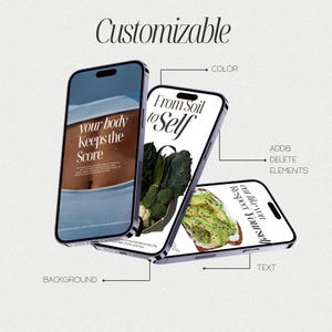 Puede incluir: Se muestran tres smartphones con diferentes pantallas. Uno muestra el texto "your body keeps the score", otro muestra "From Soil to Self", y el tercero muestra tostadas de aguacate con el texto "eat like you respect yourself". La palabra "Personalizable" est&aacute; en la parte superior.