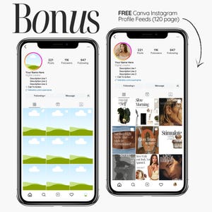 Puede incluir: Dos smartphones muestran perfiles de Instagram. Uno muestra una cuadr&iacute;cula con tem&aacute;tica de paisaje, el otro muestra un feed curado con varias im&aacute;genes. El texto incluye "Bonus" y "FREE Canva Instagram Profile Feeds (120 page)."