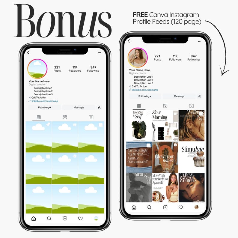 Puede incluir: Dos smartphones muestran perfiles de Instagram. Uno muestra una cuadr&iacute;cula con tem&aacute;tica de paisaje, el otro muestra un feed curado con varias im&aacute;genes. El texto incluye "Bonus" y "FREE Canva Instagram Profile Feeds (120 page)."