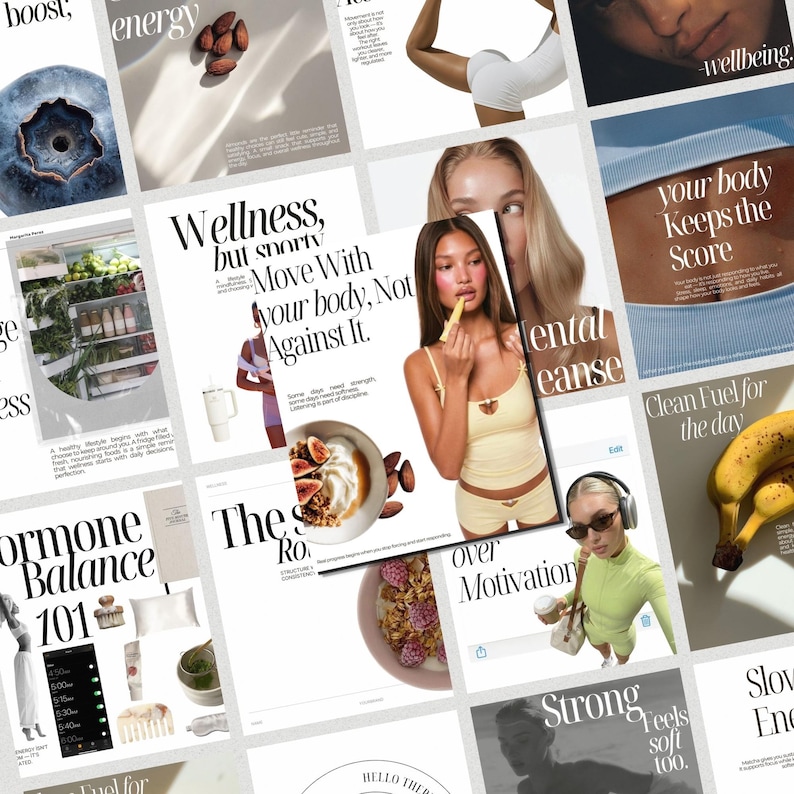 Puede incluir: Un collage de im&aacute;genes con texto relacionado con el bienestar, la nutrici&oacute;n y el cuidado personal. Las im&aacute;genes incluyen alimentos, personas y texto como "Wellness, but sporty", "Mental cleanse" y "Hormone Balance 101".