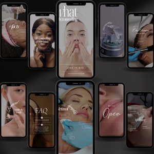 May include: A collection of smartphones displaying information about microneedling treatments. The screens feature text like "#facts", "Microneedling Have Must", "what microneedling", "FAQ", "Retinol", and "WE ARE Open". The images show close-ups of faces and treatment tools.
