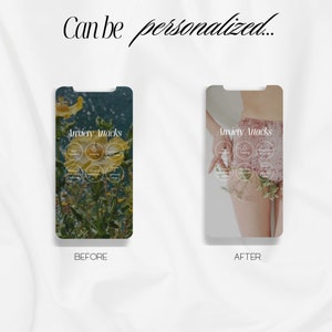 May include: Two screenshots of a mobile phone app with a list of coping mechanisms for anxiety attacks. The first screenshot shows a floral background and the second screenshot shows a person's leg and a floral background.