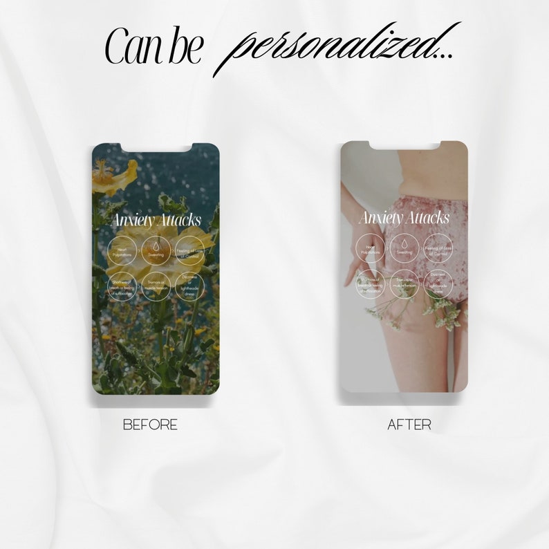 May include: Two screenshots of a mobile phone app with a list of coping mechanisms for anxiety attacks. The first screenshot shows a floral background and the second screenshot shows a person's leg and a floral background.