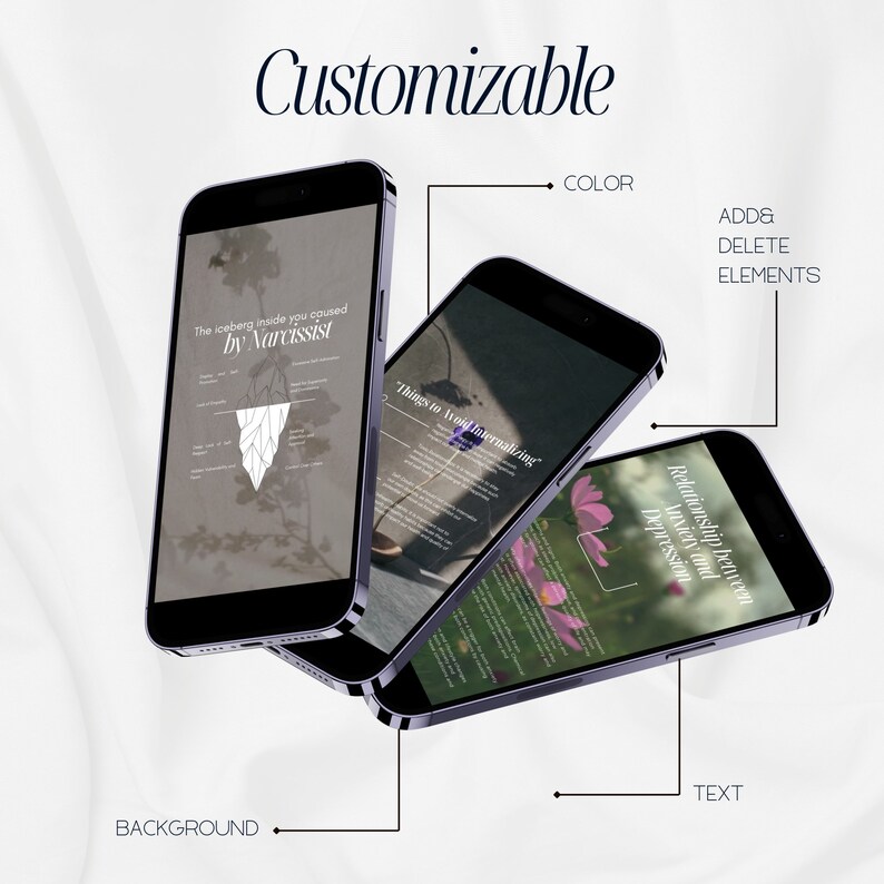 May include: Three phone screens with different text and images. The first screen has a graphic of an iceberg with the text "The iceberg inside you caused by Narcissist". The second screen has the text "Things to Avoid Internalizing". The third screen has the text "Relationship between Anxiety and Depression".
