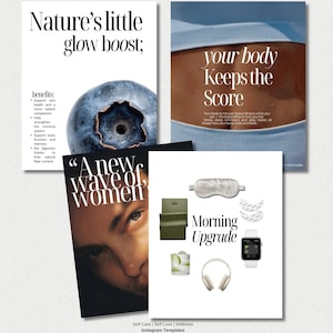 Puede incluir: Un collage de im&aacute;genes con texto. Una imagen dice "Nature's little glow boost" con un ar&aacute;ndano. Otra dice "your body Keeps the Score". Otras im&aacute;genes incluyen una m&aacute;scara para dormir, un bloque de yoga, auriculares y un reloj inteligente.