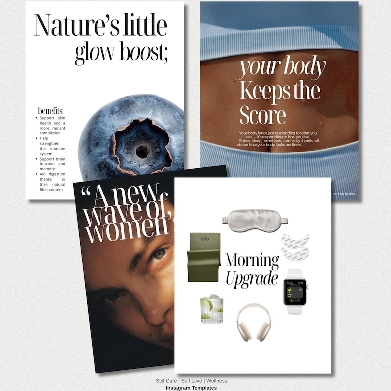 Puede incluir: Un collage de im&aacute;genes con texto. Una imagen dice "Nature's little glow boost" con un ar&aacute;ndano. Otra dice "your body Keeps the Score". Otras im&aacute;genes incluyen una m&aacute;scara para dormir, un bloque de yoga, auriculares y un reloj inteligente.