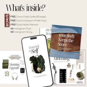 Puede incluir: Una gu&iacute;a digital de bienestar con el texto &laquo;What's inside?&raquo; y &laquo;From Soil to Self&raquo;. Incluye un tel&eacute;fono, una m&aacute;scara para dormir y una variedad de productos de bienestar. La gu&iacute;a ofrece recursos gratuitos de Canva y contenido de Instagram.