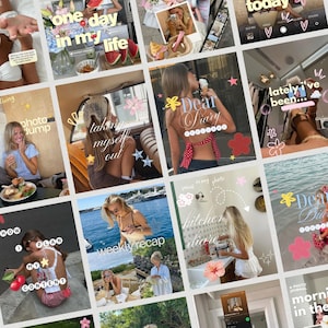 May include: A digital collage of social media posts featuring various lifestyle scenes, including food, travel, and daily activities, decorated with colorful graphic stickers, handwritten-style text overlays, and star and flower icons.