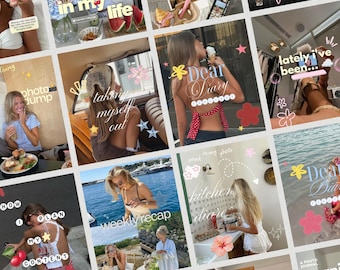 May include: A digital collage of social media posts featuring various lifestyle scenes, including food, travel, and daily activities, decorated with colorful graphic stickers, handwritten-style text overlays, and star and flower icons.