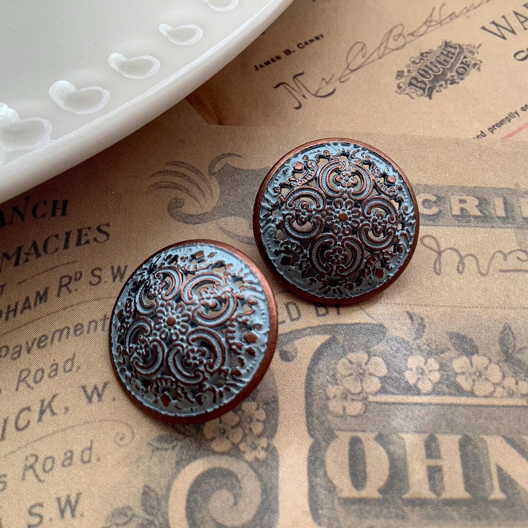 Ornate Buttons - Flower Engraving Openwork Domed Patina Copper Metal ...