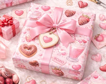 Pink Valentine's Day Wrapping Paper | Hearts, Treats (Digital Download)
