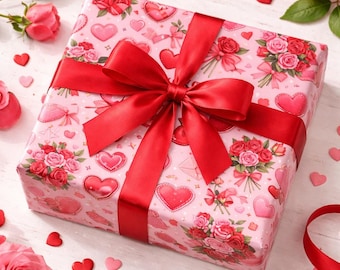 Valentine's Day Wrapping Paper | Pink & Red Hearts, Roses (Digital Download)