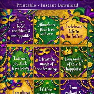 May include: Mardi Gras affirmation cards with phrases like "I am bold, confident & unstoppable" and "I attract joy, luck & prosperity." The cards are in a square format with a gold, purple, green, and yellow color scheme. Printable and instant download.
