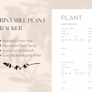 Könnte beinhalten: Druckbarer Pflanzen-Tracker mit dem Text "Printable Plant Tracker". Das Design umfasst Abschnitte für Pflanzenpflegeprofile, Pflanzeninformationen und die Verfolgung von Bedürfnissen. Der Tracker ist einfach herunterzuladen und auszudrucken.