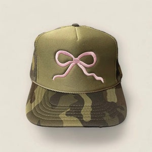 Pink Bow Embroidered on Camo Trucker Hat