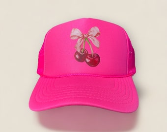 Cherry Bow Neon Pink Trucker Hat