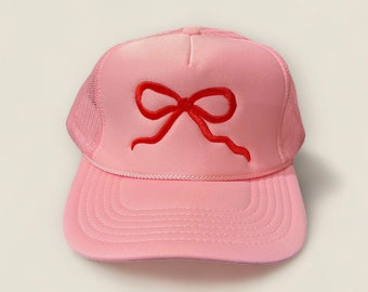 Red Bow Embroidered Soft Pink Trucker Hat - Perfect Gift for Her - Valentine Bow Hat
