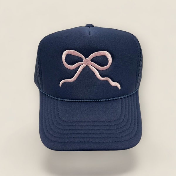 Pink Bow Embroidered on Navy Trucker Hat