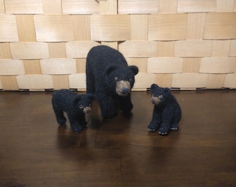 Hand Needle Felted Black Bear with Cubs