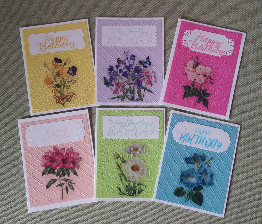 Set of 6 Embossed Floral Themed Birthday Cards - Blank Inside ...