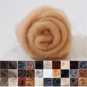 May include: A tightly rolled, light brown wool roving, ideal for fiber art projects. The soft, fluffy texture is visible in the close-up shot. A color palette of wool samples in various shades is displayed below the roving.