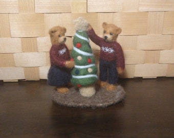 Hand Needle Felted Teddy Bear Couple Decorating a Christmas Tree
